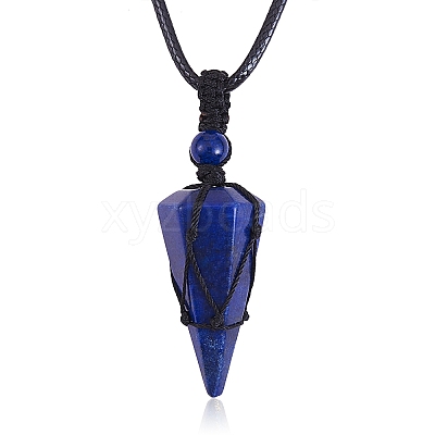 Natural Lapis Lazuli Cone Braided Pendant Necklace NJEW-SZ0001-59D-1