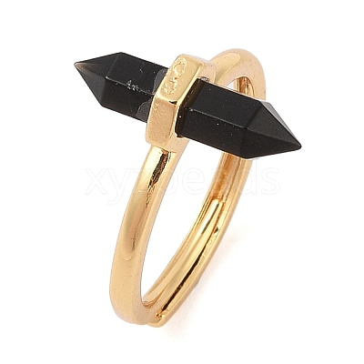 Double Pointed Hexagonal Prism Natural Obsidian Adjustable Rings for Women RJEW-G327-01G-06-1