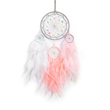 Girl's Heart Iron Ring Woven Net/Web with Feather Wall Hanging Decoration PW-WG22127-01-1