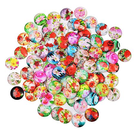 Flower Printed Glass Cabochons GGLA-SZ0001-15-1