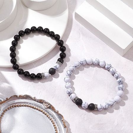 2Pcs Natural Black Onyx & Howlite Round Beads Stretch Bracelets BJEW-JB11493-1