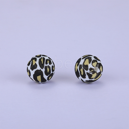 Printed Round with Leopard Print Pattern Silicone Focal Beads SI-JX0056A-05-1