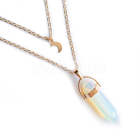 Opalite Double Terminated Pointed Bullet & Moon Alloy Pendant Double Layer Necklaces for Women WGAD714-05-1