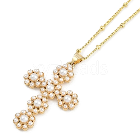 Brass & Imitation Pearl Cross Pendant Satellite Chain Necklaces NJEW-U015-09G-1