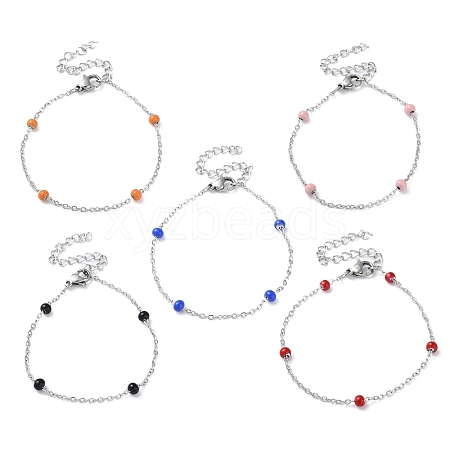 304 Stainless Steel Cable Chain Bracelet with Enamel Rondelle Beaded BJEW-G683-02P-1