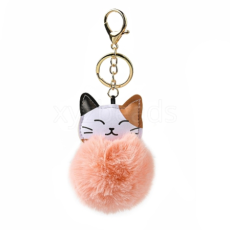 Imitation Rex Rabbit Fur Ball & PU Leather Cat Pendant Keychain X1-KEYC-K018-05KCG-02-1