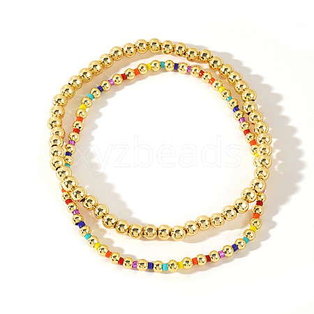 2Pcs Fashionable Brass & Seed Beads Beaded Stretch Bracelet Sets for Women ZD1327-4-1