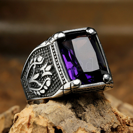 316L Stainless Steel & Cubic Zirconia Men's Vintage Carved Finger Rings FS-WG82D33-08-1