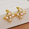 Clover Brass Pave Clear Cubic Zirconia & Freshwater Pearl Stud Earrings for Women EJEW-G391-01G-1