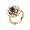 Flower Pattern Brass Enamel & Natural Freshwater Pearl Open Cuff Rings for Women RJEW-G342-01G-02-4