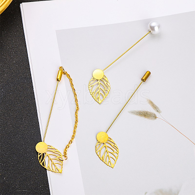 40Pcs 2 Styles Leaf Stainless Steel Round Tray Stick Lapel Pins JEWB-SC0001-75A-1