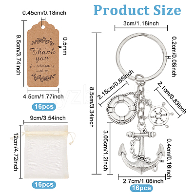 16Pcs Anchor & Helm & Life Buoy Nautical Theme Tibetan Style Alloy Pendant Keychain KEYC-BC0001-14-1