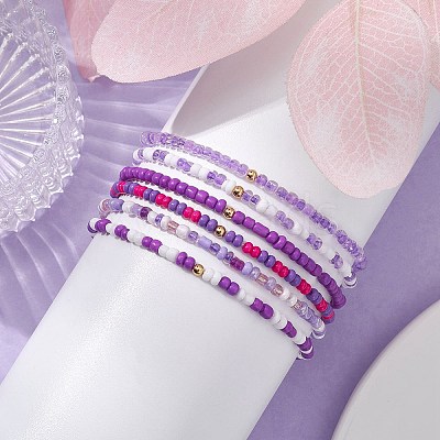 6Pcs Glass Seed & Brass Beaded Stretch Bracelets Set BJEW-JB09538-01-1