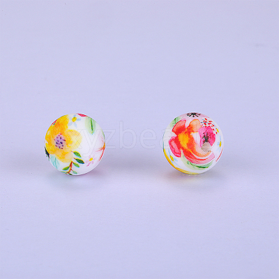 Printed Round with Flower Pattern Silicone Focal Beads SI-JX0056A-166-1