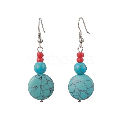 Brass Synthetic Turquoise Dangle Earrings EJEW-JE06535-01-1