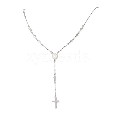 304 Stainless Steel Virgin Cross Pendant Rosary Bead Necklaces NJEW-JN05416-1