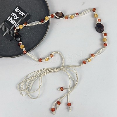 Bohemian Ethnic Style Resin & Wood Barrel Beads Braided Waxed Cord Wrap Waist Belts for Women FS-WG58A7E-01-1