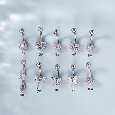 316L Surgical Stainless Steel Clear Cubic Zirconia Curved Barbell Belly Rings WG7644D-02-1