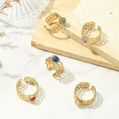 Natural Gemstone Flower 304 Stainless Steel Cuff Open Rings for Women RJEW-JR01067-1