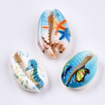 Printed Natural Cowrie Shell Beads SHEL-S266-21-1