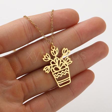 304 Stainless Steel Cutout Flower Potted Plant Pendant Necklaces for Women WGA529A-05-1