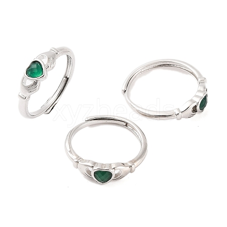 Hand with Heart Natural Green Onyx Agate Adjustable Rings RJEW-Q817-06P-01-1