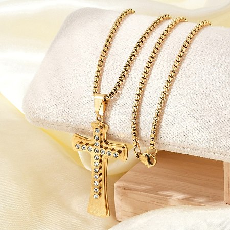 304 Stainless Steel Clear Cubic Zirconia Religion Cross Pendant Box Chain Necklaces for Men NJEW-S387-06G-1