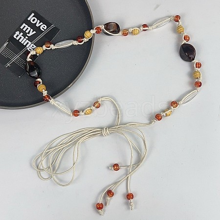 Bohemian Ethnic Style Resin & Wood Barrel Beads Braided Waxed Cord Wrap Waist Belts for Women FS-WG58A7E-01-1