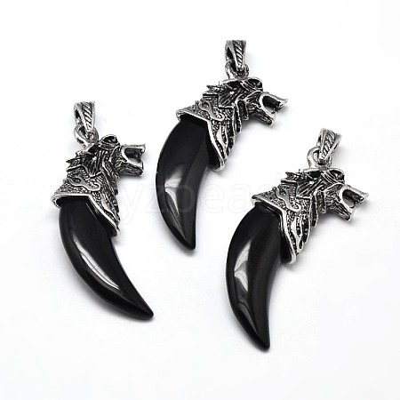 Tusk Shape with Wolf Antique Silver Zinc Alloy Natural Dyed & Heated Black Agate Big Pendants X-G-F228-63B-FF-1