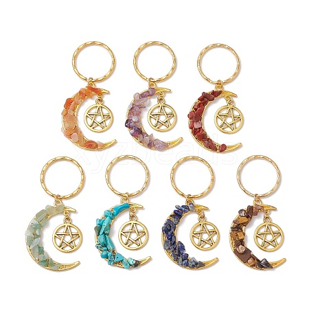 7Pcs 7 Styles Chakra Theme Moon & Star Alloy Gemstone Keychain KEYC-JKC00966-1