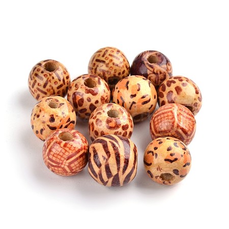 Round Printed Natural Maple Wood Beads WOOD-R243-16mm-M2-1