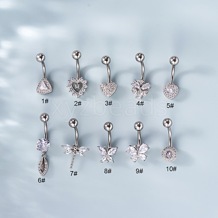 316L Surgical Stainless Steel Clear Cubic Zirconia Curved Barbell Belly Rings WG7644D-02-1