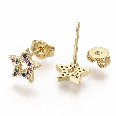 Brass Micro Pave Colorful Cubic Zirconia Stud Earrings EJEW-S208-027-1