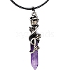 Metal Rose Flower Wrapped Pointed Natural Amethyst Bullet Pendant Necklaces PW-WG450FA-05-1