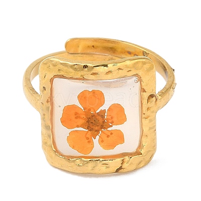 Dark Orange Square Epoxy Resin with Dry Flower Adjustable Rings RJEW-G304-03G-01-1