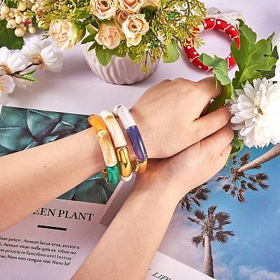 Chunky Curved Tube Beads Stretch Bracelets Set BJEW-SW00016-1
