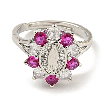 Oval with Hand Rack Plating Brass Micro Pave Cubic Zirconia Adjustable Rings RJEW-I105-04P-07-1