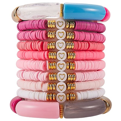 10Pcs 10 Style Handmade Polymer Clay Heishi Beaded Stretch Bracelets Set with Heart BJEW-SW00036-02-1