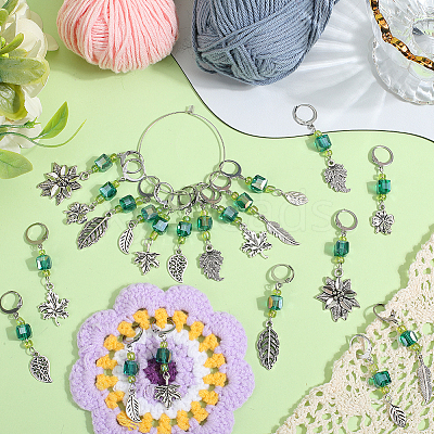 Leaf Alloy & Glass Pendant Locking Stitch Markers HJEW-SC00083-1
