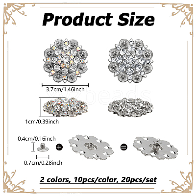 20Pcs 2 Colors Flower Zinc Alloy & Rhinestone & Glass Rivets BUTT-NB0001-83-1