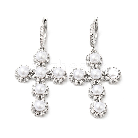 Cubic Zirconia Cross Dangle Hoop Earrings with ABS Plastic Imitation Pearl EJEW-L264-004P-1