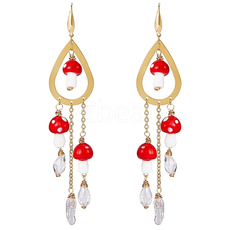 Natural Quartz Crystal Teardrop & Lampwork Mushroom Chandelier Earrings EJEW-SW00018-02-1