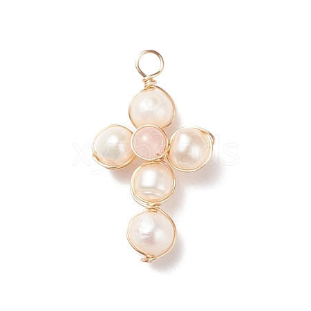 Natural Rose Quartz & White Freshwater Pearl Pendants PALLOY-JF01660-04-1