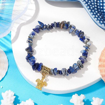 Natural Lapis Lazuli Chip Beaded Charm Bracelets for Women BJEW-JB11371-1