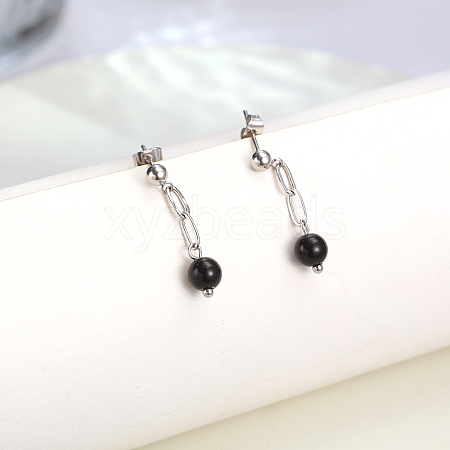 Elegant Stainless Steel Imitation Black Pearl Ball Dangle Earrings for Women ZX9035-2-1