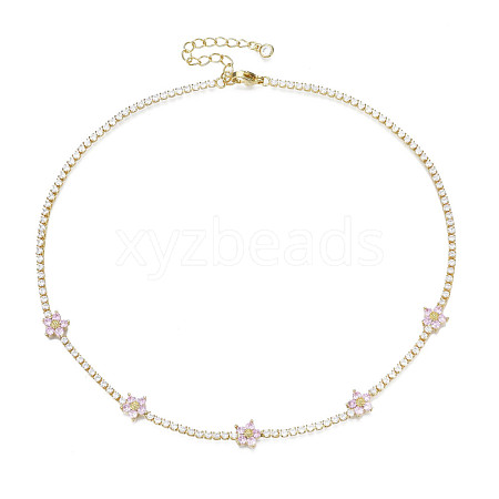 Cubic Zirconia Classic Tennis Necklace with Flower Links NJEW-N048-01F-1