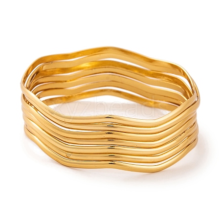 7Pcs Vacuum Plating 304 Stainless Steel Wave Bangles Set for Women BJEW-A011-10D-G-1