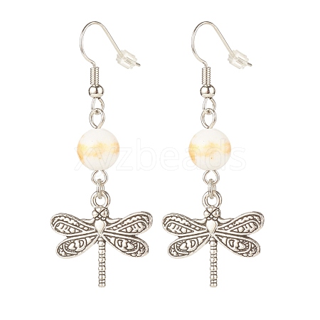 Round Natural Mashan Jade with Alloy Dragonfly Dangle Earrings EJEW-JE04855-03-1