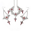 FireBrick Enamel Bat with Cross Pendant Necklace & Dangle Earrings SJEW-G081-03AS-1