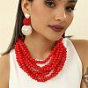 Wood Round Beaded Multilayer Necklaces & Alloy Flat Round Dangle Earrings Sets FS-WG02398-01-2